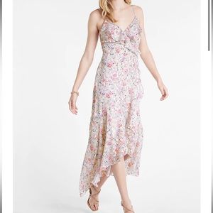 NWT Express Floral Print Ruffle Faux Wrap Hi-Lo Maxi Dress